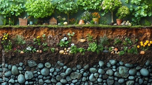 Garden Scene with Layers of Soil, Rocks, and Greenery Elements