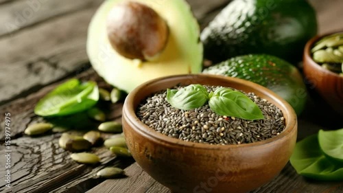 Healthy food ingredients on wooden background