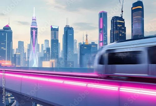 Futuristic cityscape with an elevated train