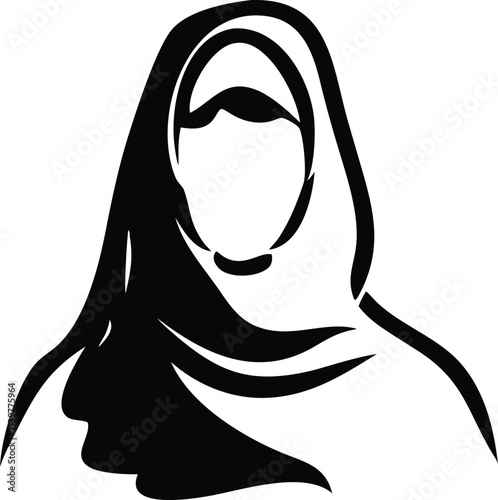 Black and White Abstract Icon of a Woman Wearing a Hijab Headscarf Simple Minimalist Line Art Style Female Figure Islamic Culture Religious Symbol