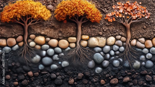 Detailed Cross-Section of Trees with Roots and Soil Layers