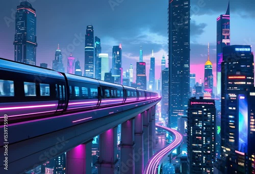 Futuristic cityscape with an elevated train