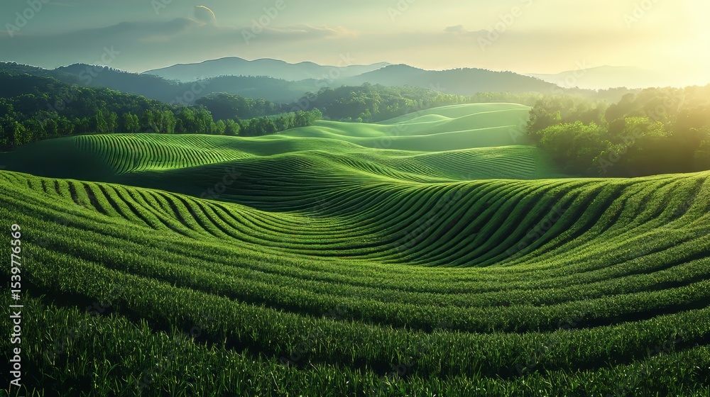 Lush Green Rolling Hills of Tea Plantation Under Soft Evening Light Lush Green Rolling Hills of Tea Plantation Under Soft Evening Light