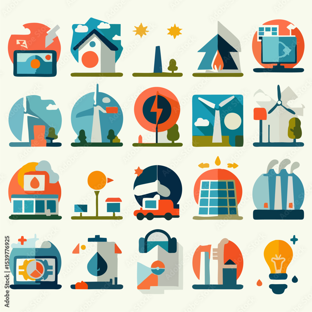 Obraz premium Flat Style Vector Icons – Renewable and Green Energy Concepts