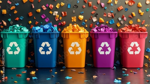 Colorful Recycle Bins with Shredded Material on Vibrant Background