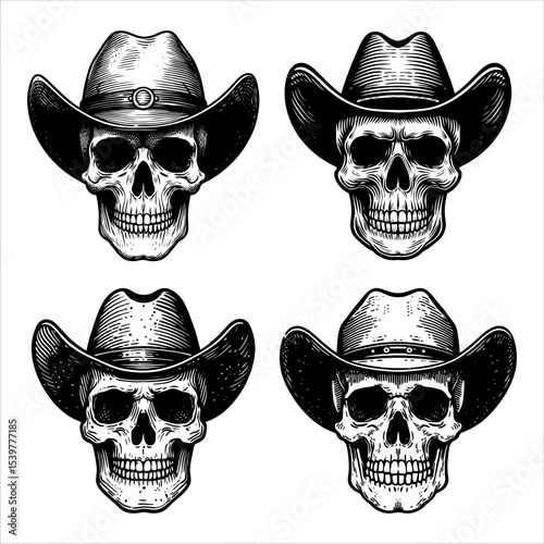 Vector black and white hand drawn vintage human skull wearing a cowboy hat