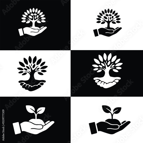 Vector Illustration of Hands Holding Tree and Plant - Growth Symbol Icon