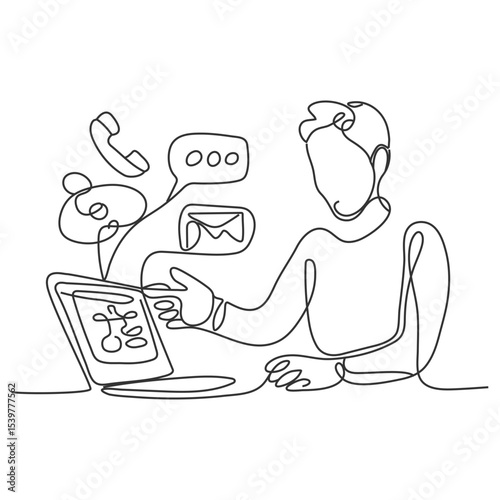 One line man writing and study with help laptop. Continuous one line drawing of a man. Business concept. A man sits on the floor and holding a laptop isolated on a white background.Young businessman.