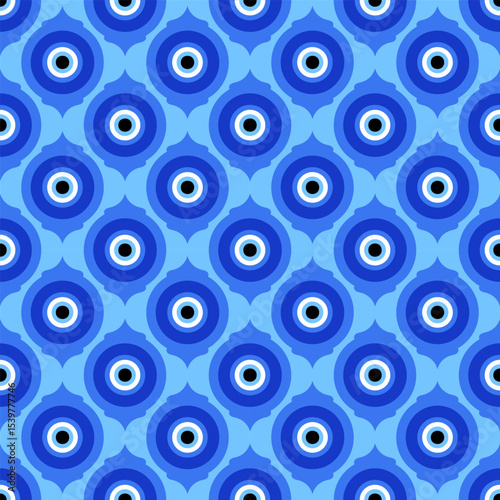 Evil eye seamless pattern. Traditional blue bead in Greece and Turkey. Vector magic background with ethnic nazar - symbol of protection and luck. Ornament with energy amulet and spiritual talisman