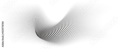 Flowing Wave Dot Halftone Pattern: Curve Gradient Shape on Transparent Background. Suitable for AI, Tech, Network, Digital, Science, and Technology Themes.