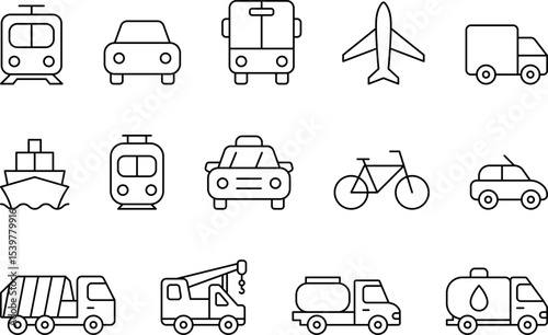 Public Service and Municipal Transport Line Icons Set — Thin Linear Vector Symbols of Travel and Transit