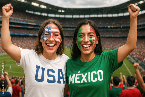 USA and Mexico fans with face paint cheering at match

