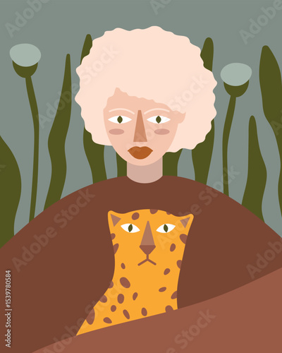 Vector illustration of a stylized woman holding a spotted leopard in front of tall plants. The woman's expression is serene, complementing the natural theme and earthy tones.