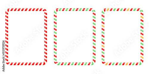 Set rectangle candy frames, Candy cane  set decorations, frame, red white straight lines, realistic, collection  Holiday elements. Xmas Striped candy ca