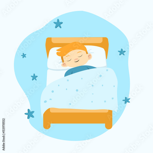 Flat vector illustration sleeping boy in the bed , kid cozy health, for greeting card, poster