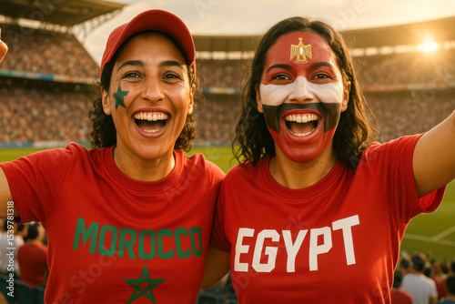 Morocco and Egypt fans smiling in sunset-lit stadium

