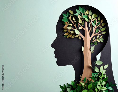 Paper cut art depicting a woman's profile with a tree inside her head, symbolizing nature, growth, and mental health on a light green background.