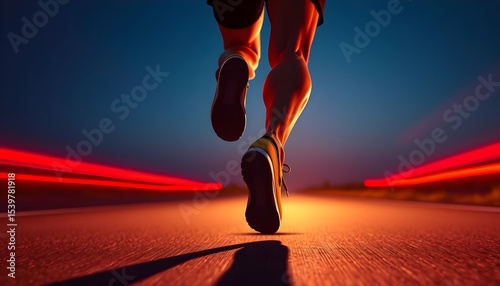 Nighttime running challenge urban road action photography dynamic setting low angle view fitness motivation
