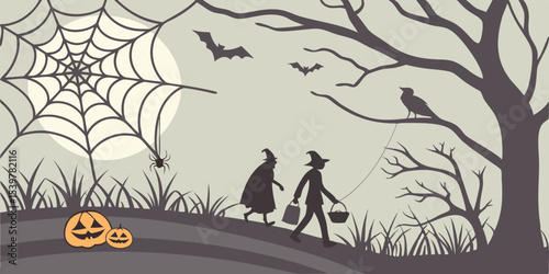 Spooky Haunted House in Dark Forest Vector Background – Halloween Scary Night Landscape with Bare Trees, Jack-o’-Lanterns, Ghostly Figures, Horror House Scene for Posters, Banners, or Invitations
