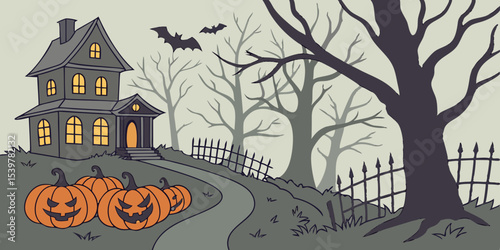 Spooky Haunted House in Dark Forest Vector Background – Halloween Scary Night Landscape with Bare Trees, Jack-o’-Lanterns, Ghostly Figures, Horror House Scene for Posters, Banners, or Invitations