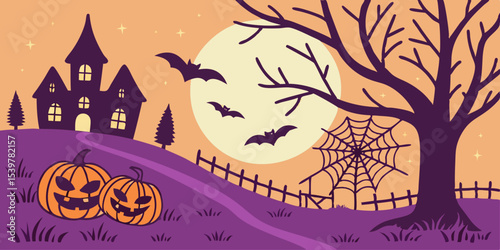 Spooky Haunted House in Dark Forest Vector Background – Halloween Scary Night Landscape with Bare Trees, Jack-o’-Lanterns, Ghostly Figures, Horror House Scene for Posters, Banners, or Invitations