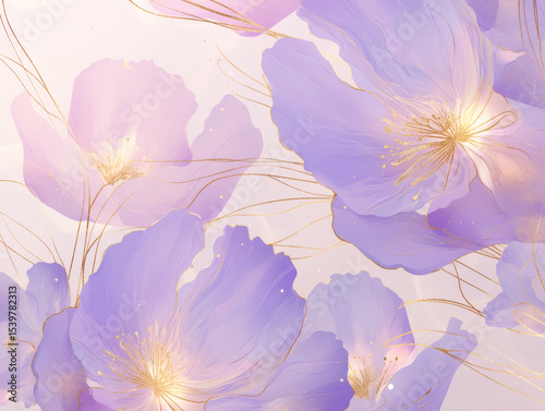 Illustration of light purple flowers with golden accents, creating a delicate and elegant floral design with a soft and dreamy aesthetic for graphic resources.