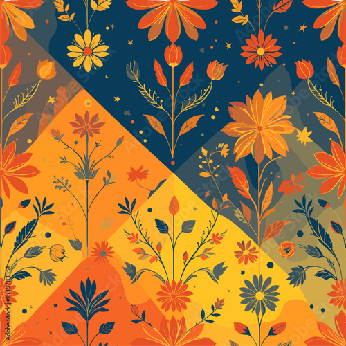 Autumnal Floral Geometric Pattern: Warm Hues and Intricate Botanical Design