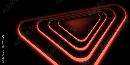 Abstract layer of triangle red neon shines on the black background.