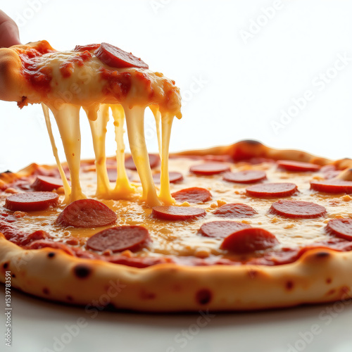 Close-up of a pepperoni pizza with melting cheese being lifted, showcasing a delicious and appetizing food item with a focus on texture and detail for food.