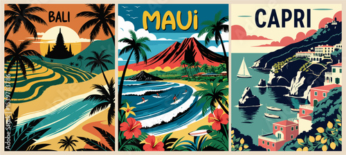 Set of travel destination posters in retro style. Maui, Hawaii, Bali, Indonesia, Capri, Italy landscape vector art illustrations