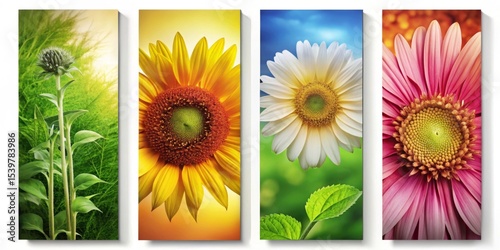 Vibrant Floral Quadtych A Seasonally Themed Botanical Art Print Featuring Close-Up Views of Sunflowers, Daisies, and Other Blossoms in a Striking Arrangement