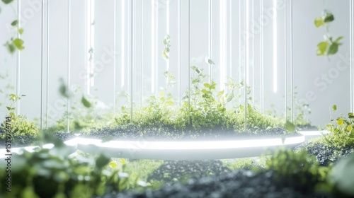 Illuminated Circular Platforms Adorned with Lush Greenery and Modern Vertical Lighting