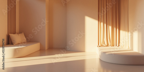 Minimalist interior featuring a curved platform and a cushion by a window with soft, warm sunlight, creating a serene and inviting space with neutral tones and elegant drapery for lifestyle.