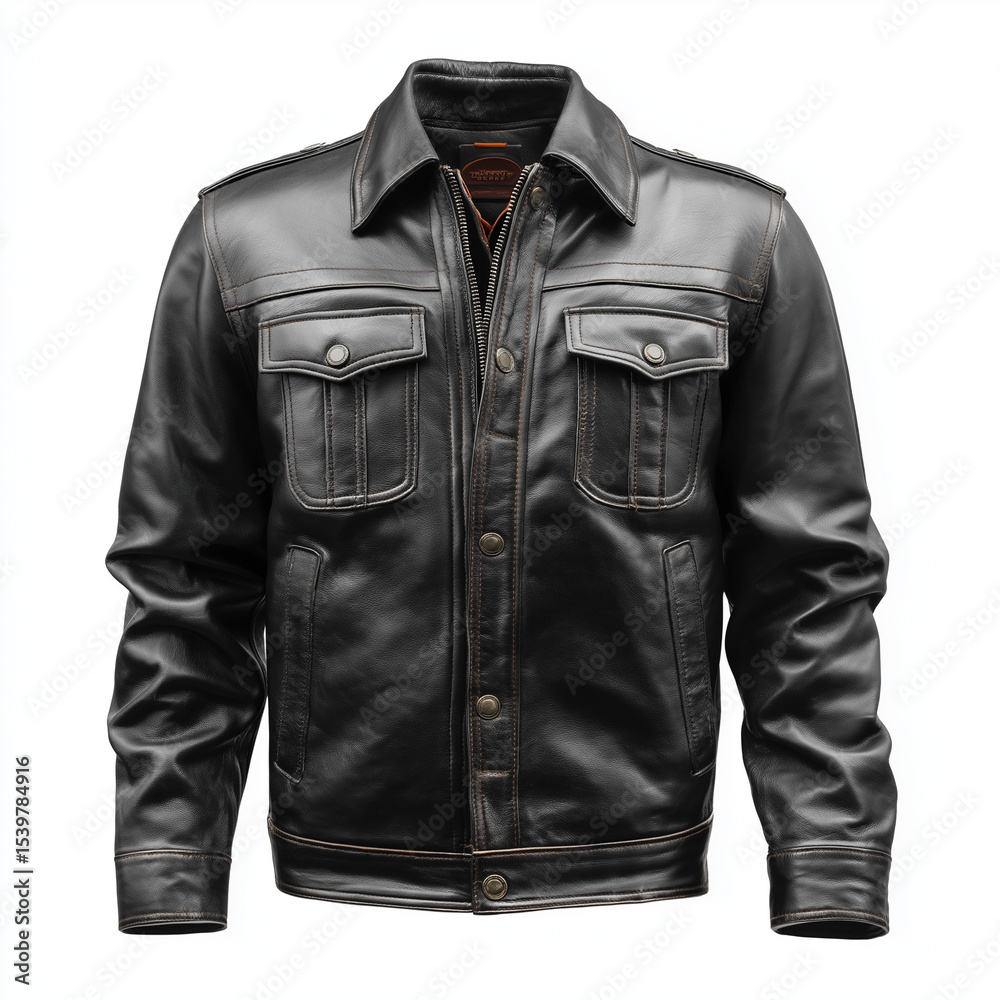 Naklejka premium Pure matte black leather jacket exudes sophistication offering comfort tailored fit for urban explorers