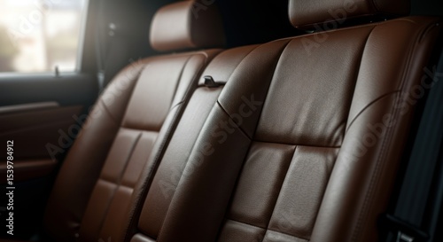 Luxury and Comfort: Brown Leather Car Seat Interior Detail with Headrests