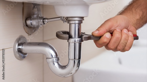 Plumber repairs leaking sink pipe using wrench for effective drain replacement and pipe cleaning in home bathroom during afternoon hours
