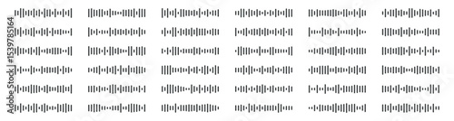 Podcast sound waves. Audio waveforms line icons, sound wave frequency or voice microphone signals. Music, podcast and broadcast, UI and audio branding design. Isolated vector set.