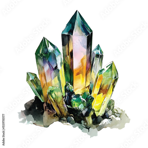 Watercolor painting of colorful crystal cluster on transparent background vector illustration