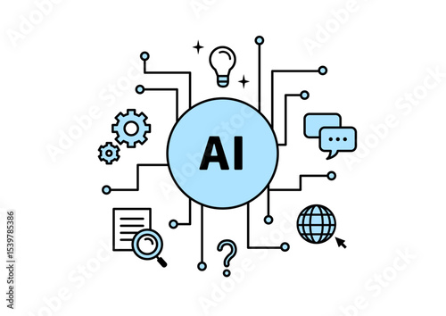 人工知能とテクノロジーを象徴するアイコン風イラスト（AI中心）