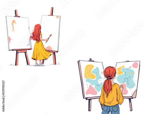 Vsai female artist painting and admiring modern art on canvas