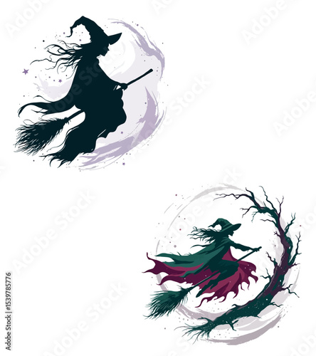 Vsai witches flying on broomsticks in front of full moon during halloween night
