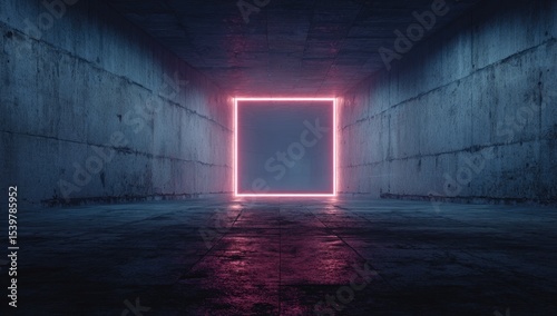 Dark, gritty concrete corridor with a glowing pink square neon light at the end, reflecting on the wet floor