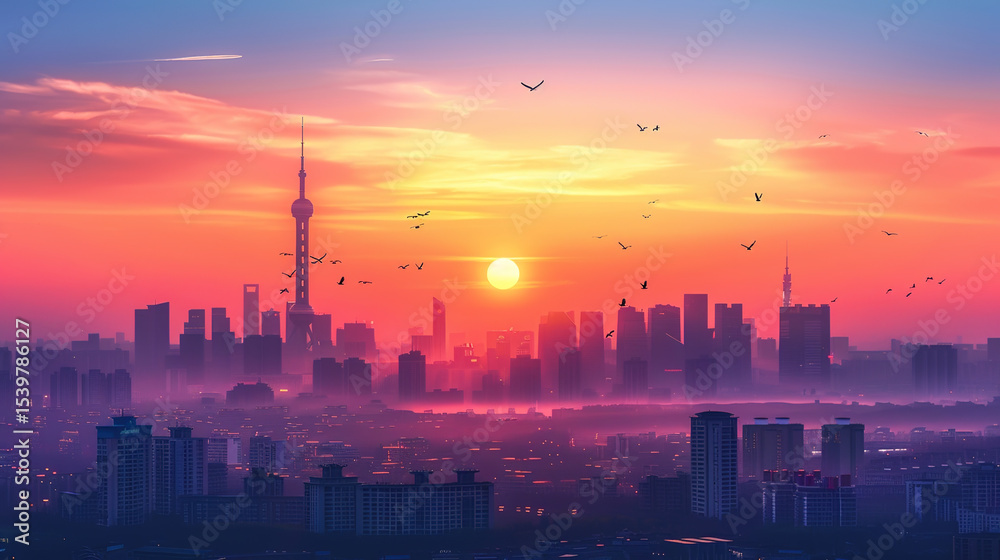 Naklejka premium Dramatic Downtown Skyline Poster Background: Modern Urban Architecture with Neon Lights & Dynamic Night Views.
