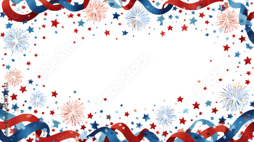 fourth of july background frame decoration with fireworks, ribbon, confetti with copy space