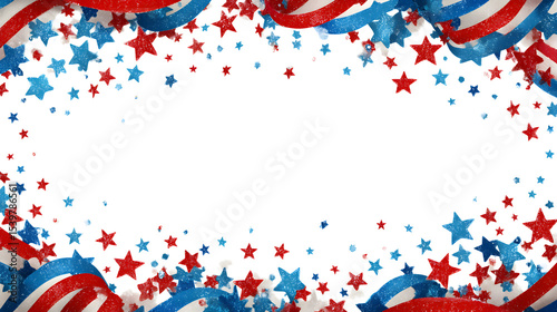 fourth of july background frame decoration with stars, ribbon, confetti with copy space