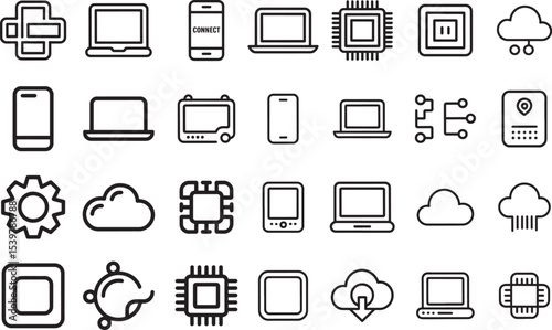 Essential Technology Computing Cloud Server Outline Line Icons Set