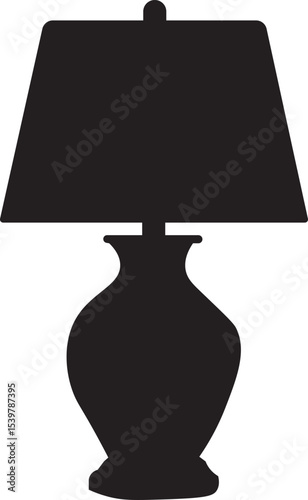 Vector art of a simple black table lamp with a wide shade is isolated on white background