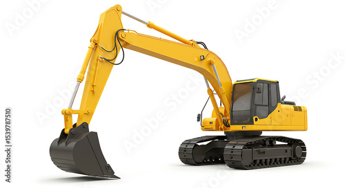 Yellow Excavator on White Background: 3D Render of Heavy Construction Machinery