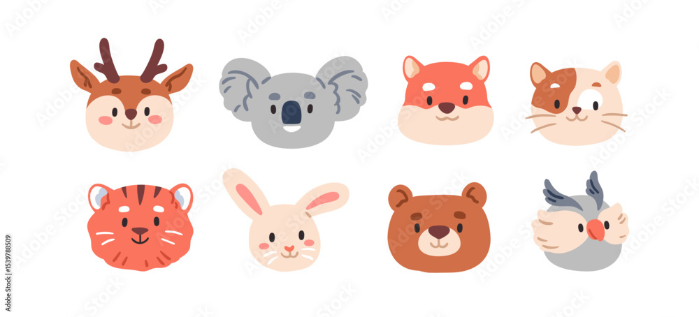 Obraz premium Cute animal faces set. Happy kids characters, cub heads. Smiling cat, bunny, bear, owl, kawaii tiger and deer portraits, avatars, user profiles. Flat vector illustration isolated on white background