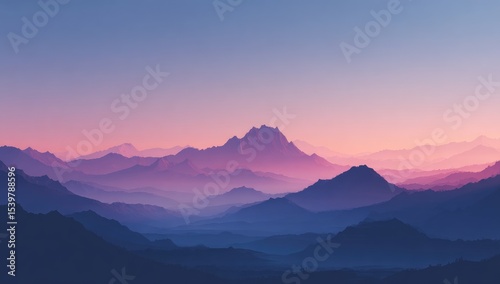 Serene, hazy mountain range bathed in soft, pastel sunset hues; layers of peaks receding into a misty distance